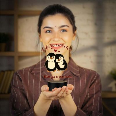 Cute Romantic Couple Penguins Design Acrylic UV Printed LED Night Lamp with Warm White Light  Gift for Couples